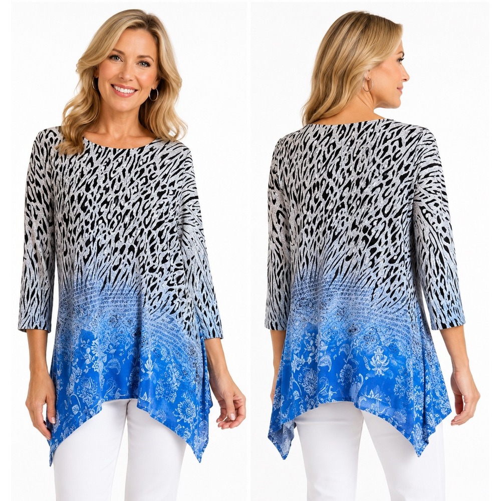 NEW Jess & Jane 3X Tunic Top Animal Print Blue Hem 3/4 Sleeve Plus Size